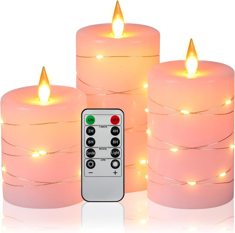 Da by Flameless Candles with String Lights，Battery Operated Candles,LED Flickering Candles with Remote Control and Timer, Real Wax, 3 Pack-Pink - Image 1